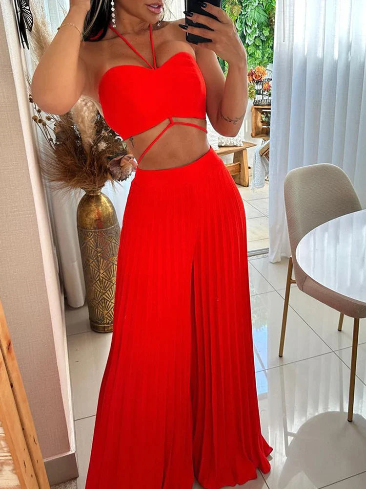 Laarnie - Verführerisches rotes Crop-Top und Plissee-Hose mit weitem Bein